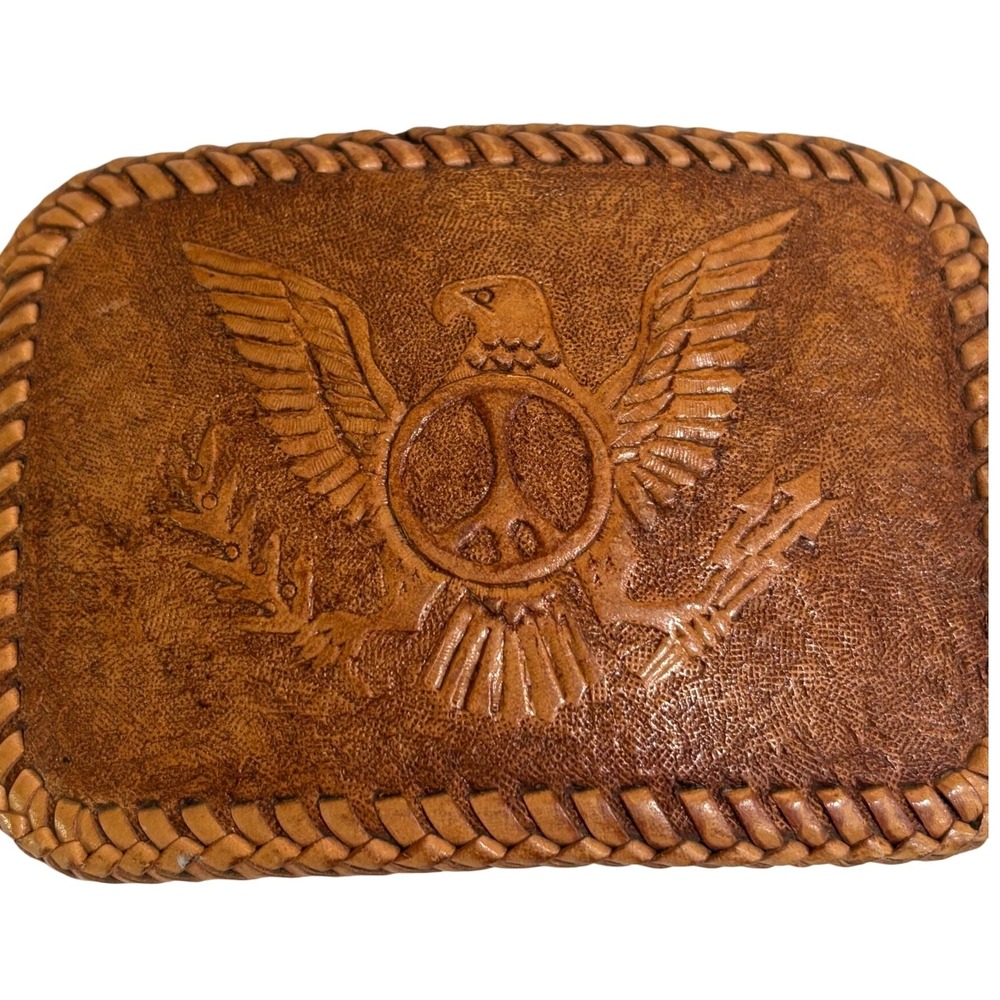 1960s Handmade Leather Belt Eagle Peace Sign Tooled Brown Western Hippie‎ Boho